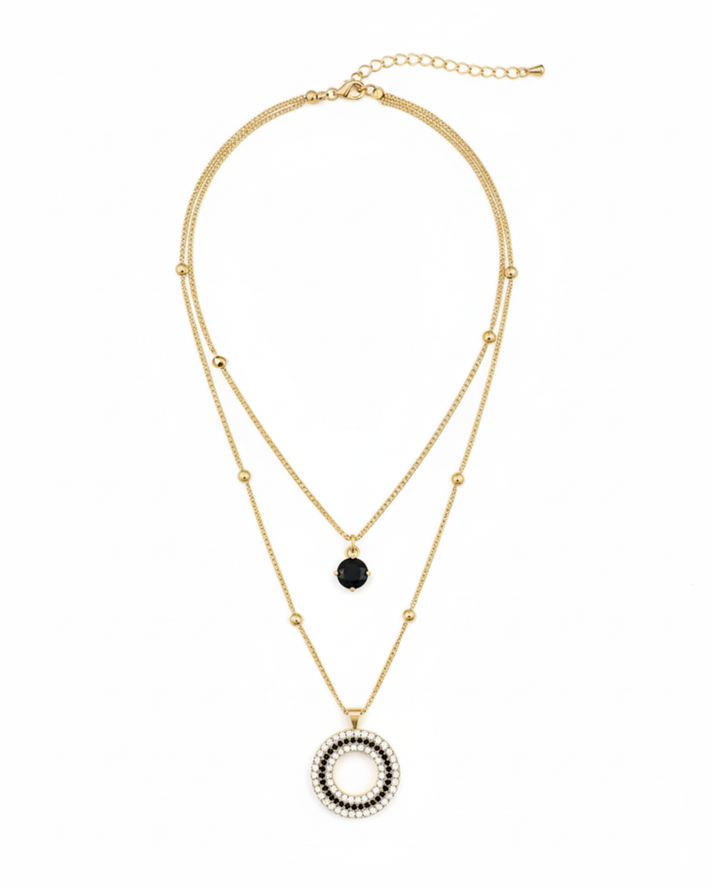 Gold-Plated Double Layered Necklace with Black & White Stone Pendants