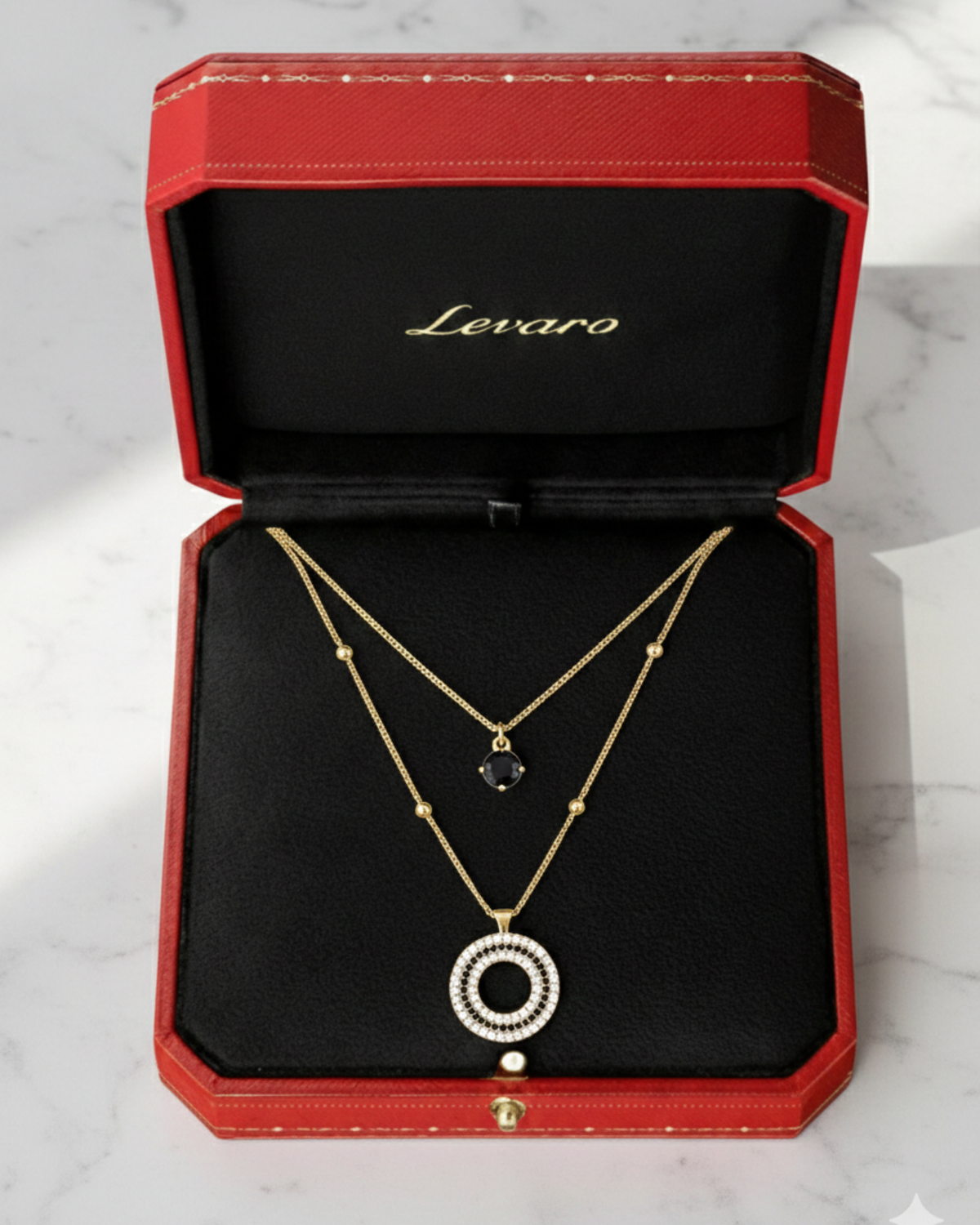 Gold-Plated Double Layered Necklace with Black & White Stone Pendants