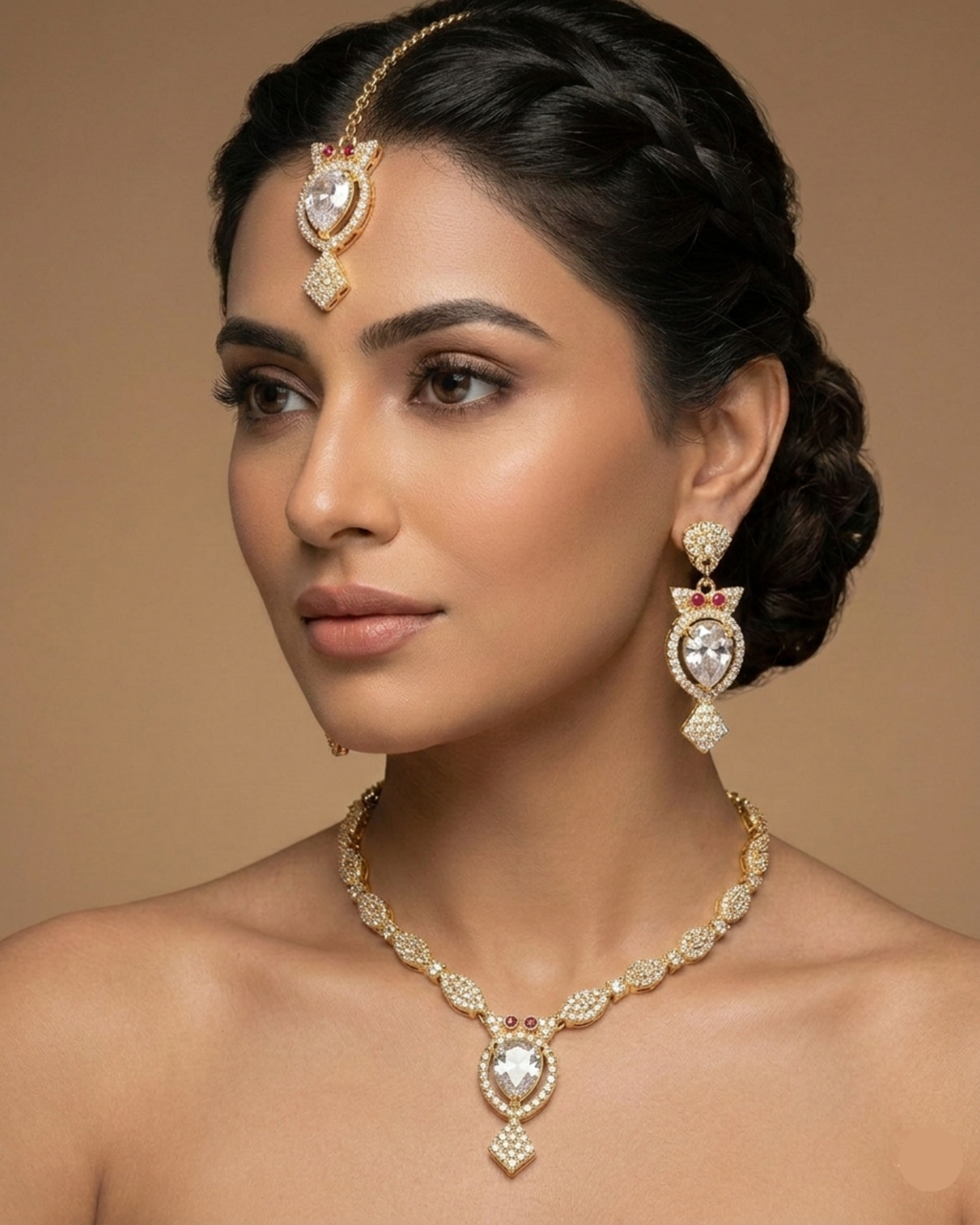 Gold Plated Teardrop & Crimson Stone Necklace Set