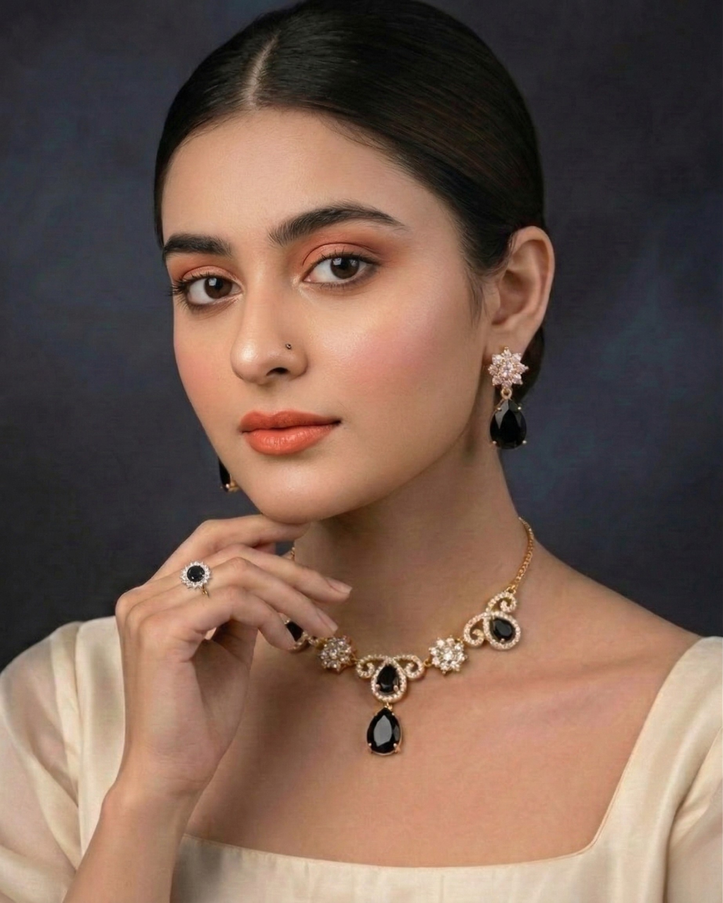 Premium Black Stone Necklace & Earrings Set